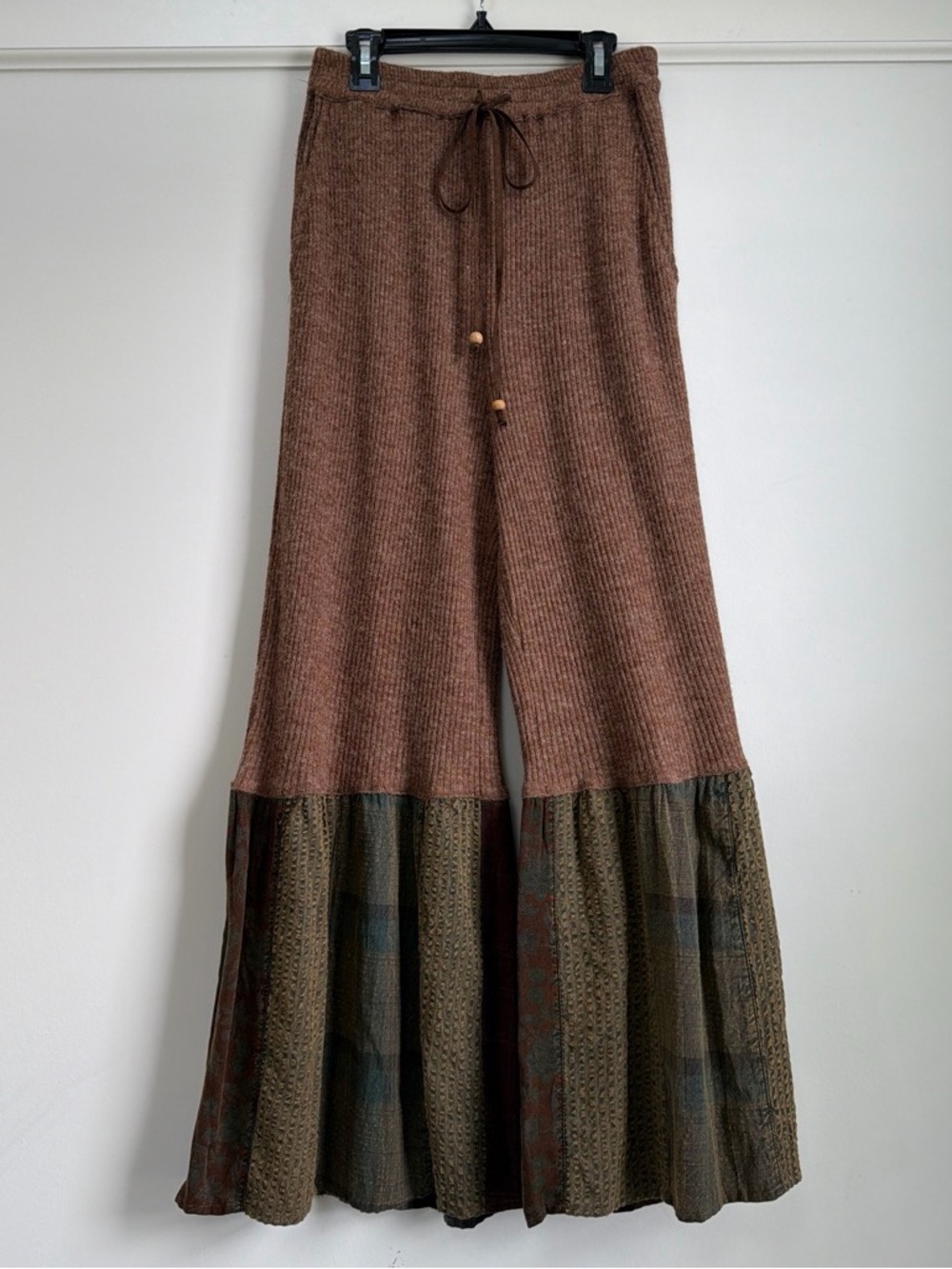 Young Threads Amber Rib Knit Patchwork Flare Wide Leg Pants Boho NWT Size S